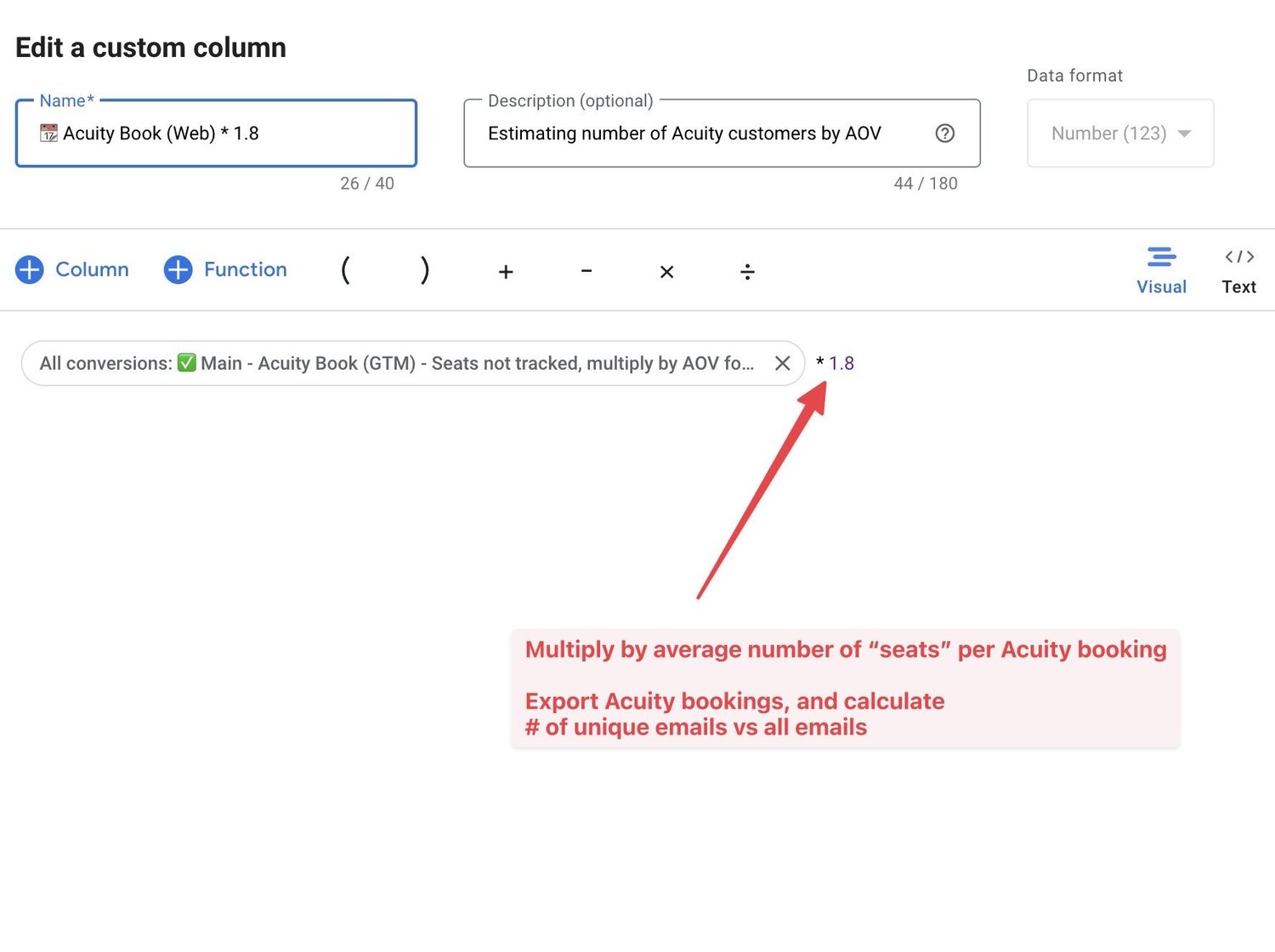 screenshot, Google Ads custom columns for Acuity Scheduling conversions, using average order value calculations