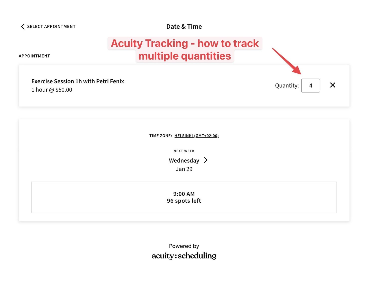 Acuity Scheduling conversion tracking - quantity selector setup