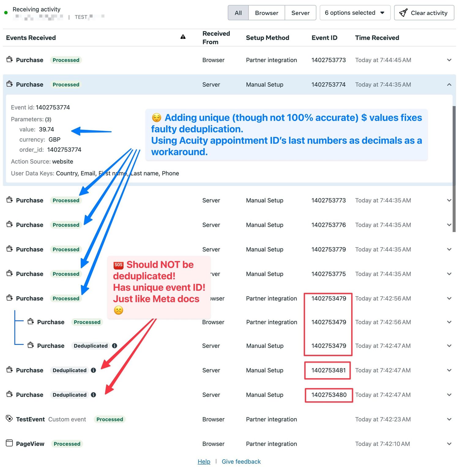 Screenshot - Meta conversions API for Acuity Scheduling bug - deduplicates unique conversions