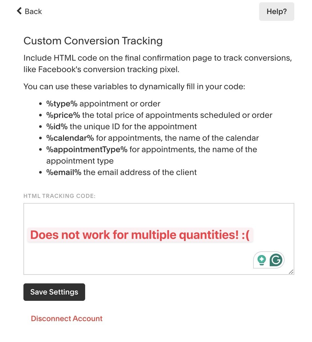 screenshot Acuity scheduling integrations - custom conversion tracking - not working for multiple quantities