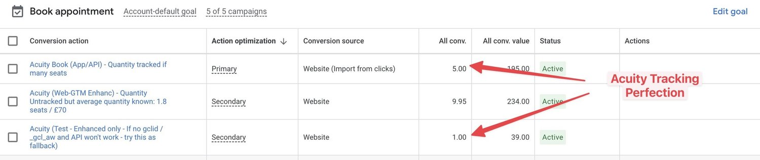 screenshot - Acuity Scheduling Google Ads convesrion actions combining hybrid web & api methods for perfect tracking accuracy
