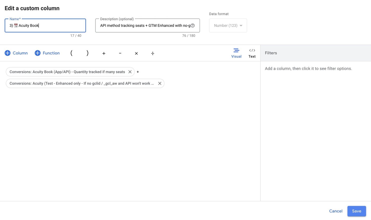 Screenshot - Acuity Scheduling Google Ads convesion custom column formula