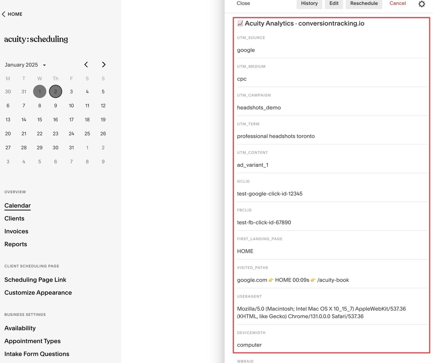 Acuity Scheduling advanced conversion tracking system, demo of adding conversion information like gclid, fbclid, UTM parameters, referrer and more into Acuity booking via hidden fields