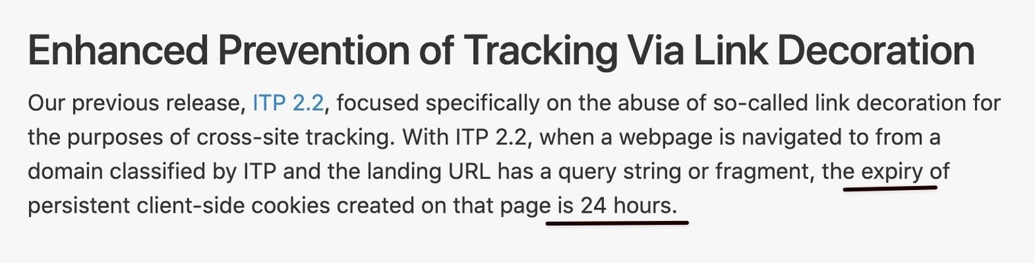 Apple Intelligent Tracking Prevention Safari deletes first party tracking cookies in 24h
