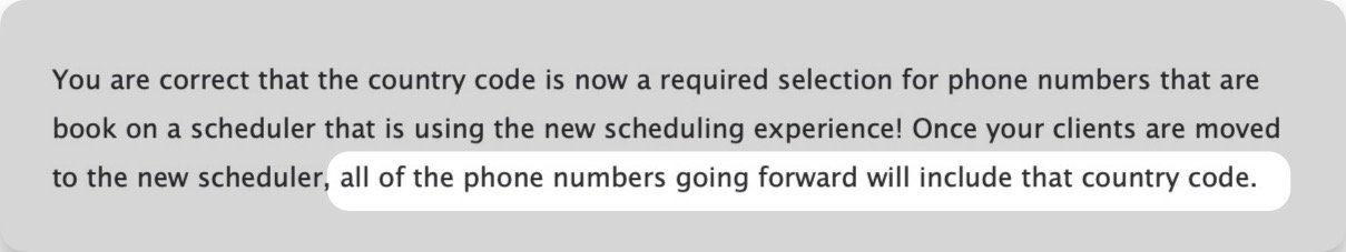 Acuity Scheduling support email confirms new scheduler using E.164 format for phone numbers, making enhanced conversion tracking, CAPI and Meta Pixel advanced matching easier