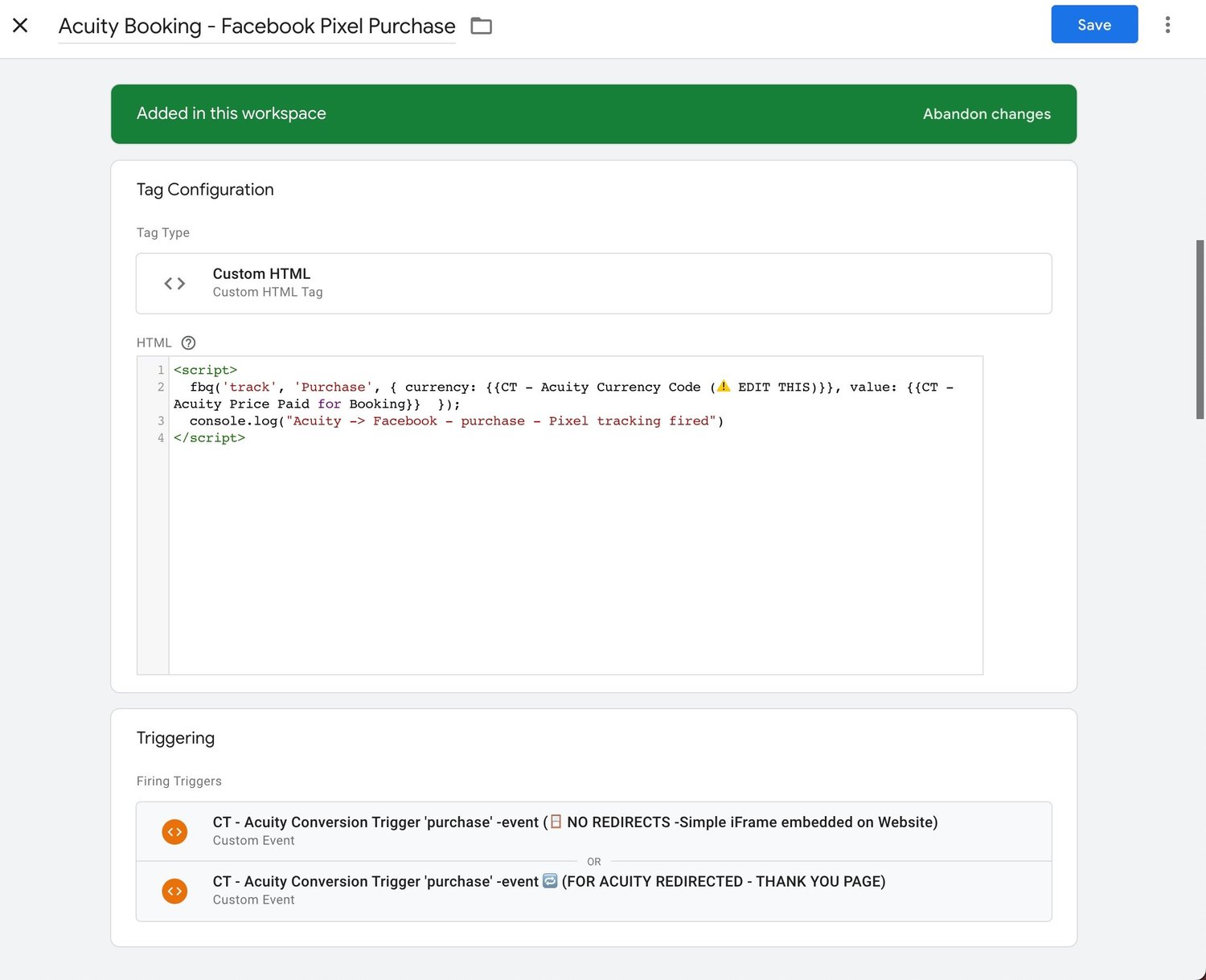 Acuity Scheduling conversion tracking Google Tag Manager tag for Meta Pixel - custom html tag