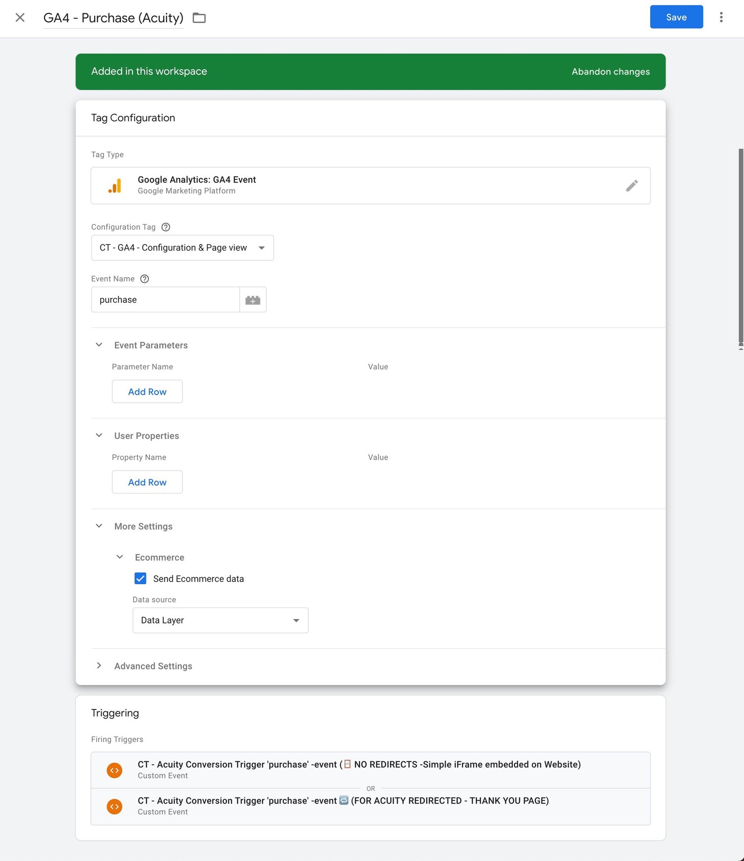 Acuity Scheduling conversion tracking Google Tag Manager tag for Google Analytics 4 - e-commerce purchase event