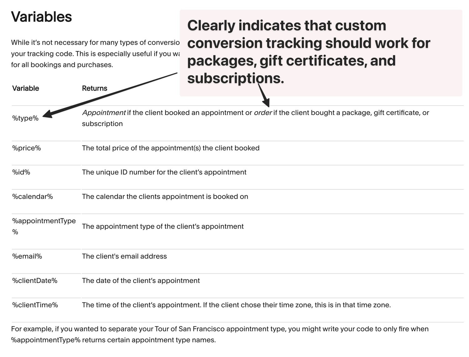 acuity scheduling conversion tracking for Packages, gift certificates, and subscriptions documentation