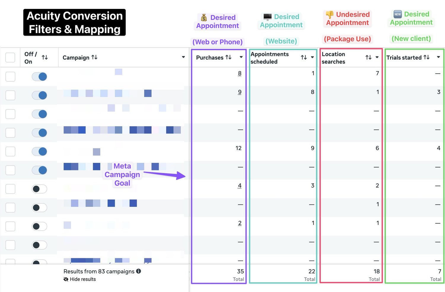 Screenshot: Acuity advanced tracking — filters and mappings