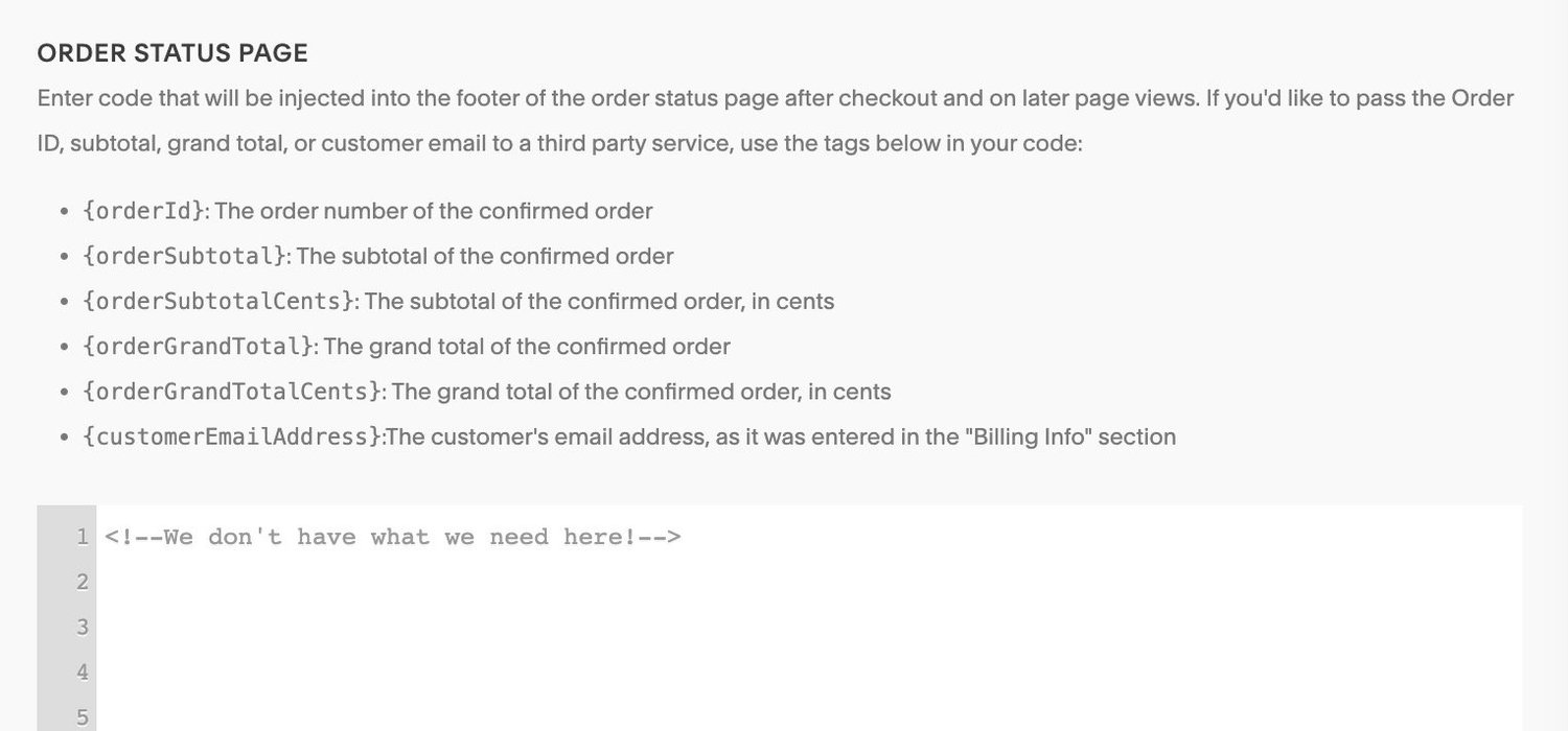 AvantLink AvantMetrics Squarespace order confirmation page variables