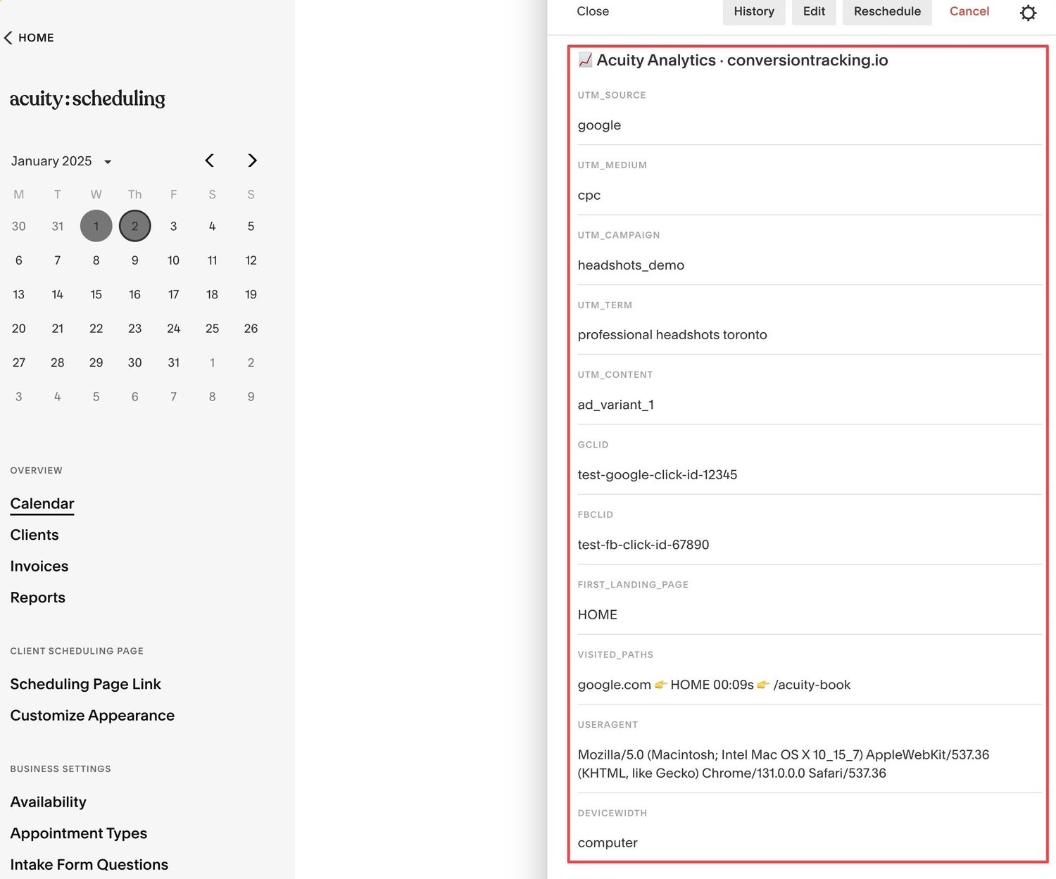 Acuity Scheduling analytics app — conversion tracking example