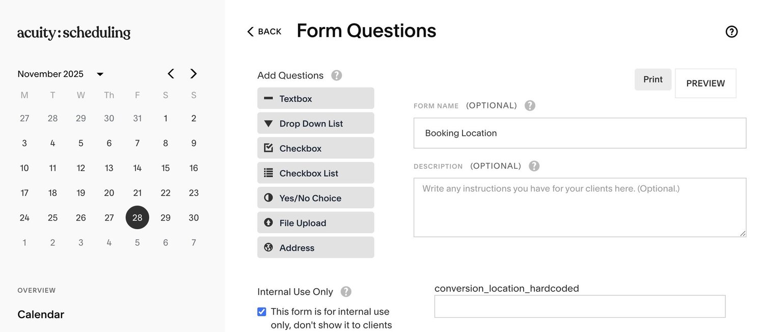 Acuity Scheduling intake form custom field setup
