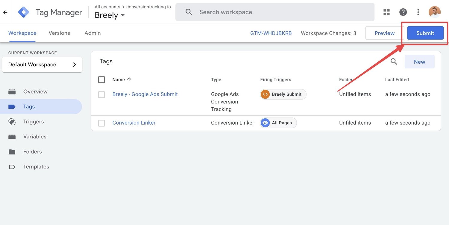 GTM publish confirmation