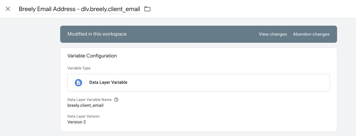 Breely GTM data layer variable setup for email