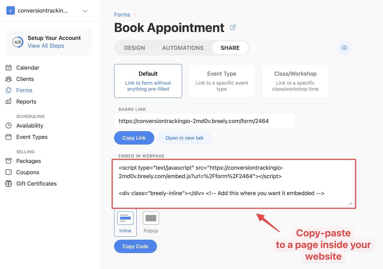 Breely embed in webpage option