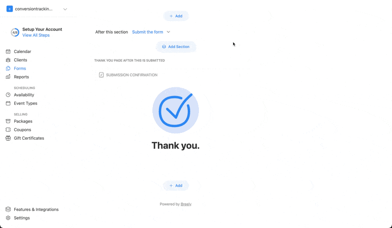 Breely submission confirmation redirect setup