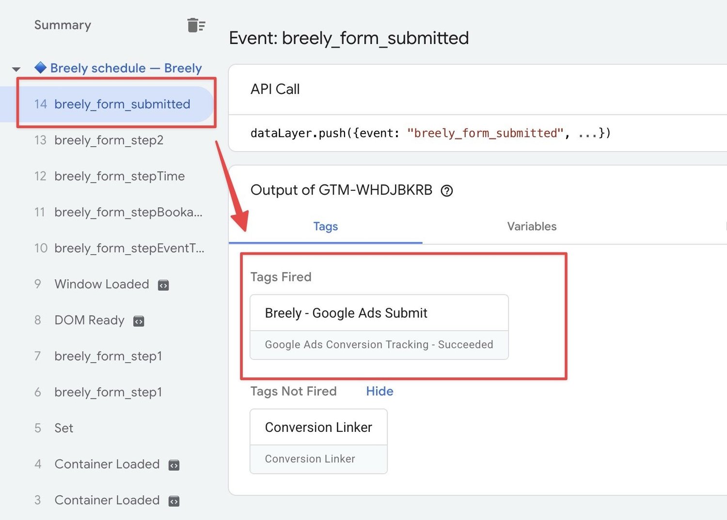 GTM preview showing Breely conversion tags fired