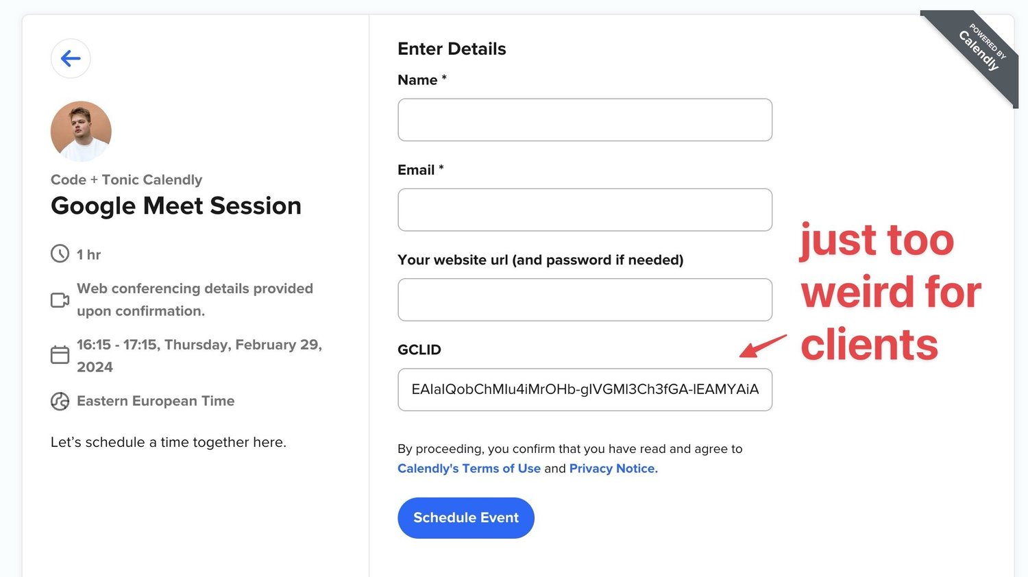 Calendly Google Ads Offline conversion tracking example with GCLID visible in a custom field. This is not an ideal solution