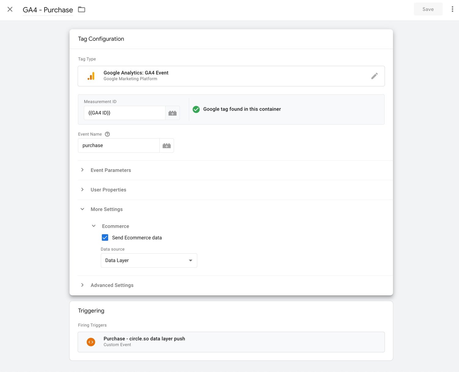 Circle.so Google Analytics 4 ecommerce purchase tag in Google Tag Manager