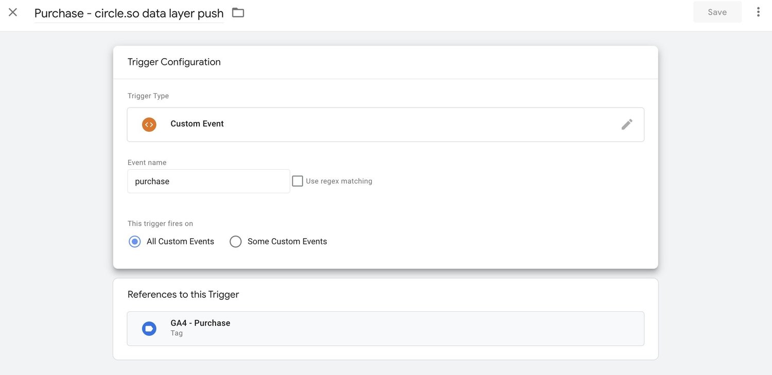 Google Tag Manager circle.so conversion tracking custom trigger for GA4 purchase