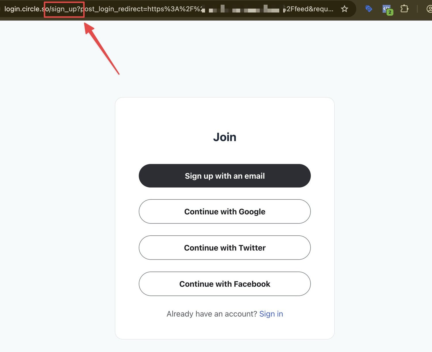 Circle.so sign-up first page