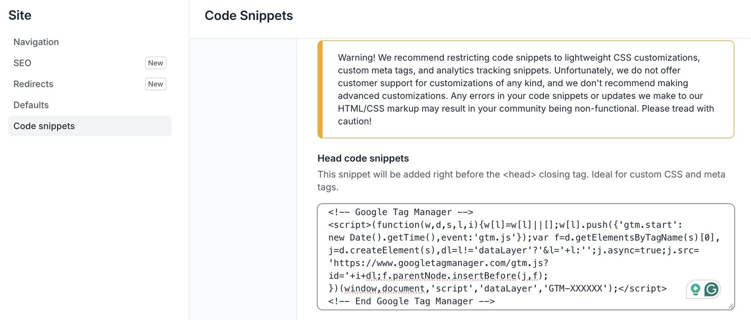 Adding Google Tag Manager to Circle.so head code snippets