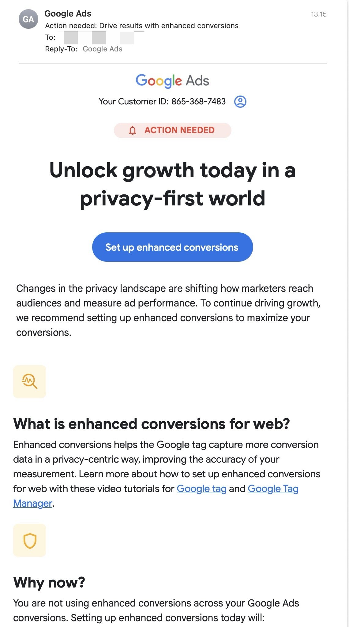 Screenshot of Google Ads email requiring action needed to set up enhanced conversion tracking for web.
