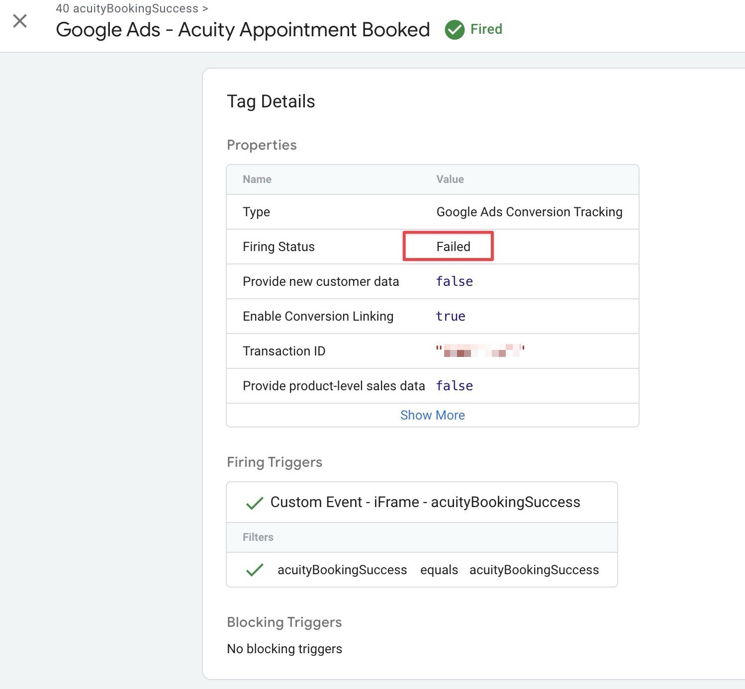 Screenshot Google Tag Manager Google Ads Conversion Tracking Firing Status: Failed