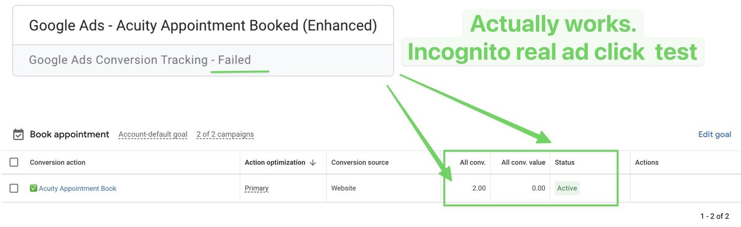 Google Tag Manager Google Ads conversion tag showing Failed status