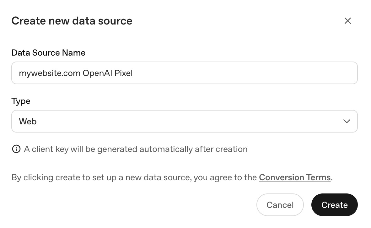 Create new data source dialog in OpenAI Ads