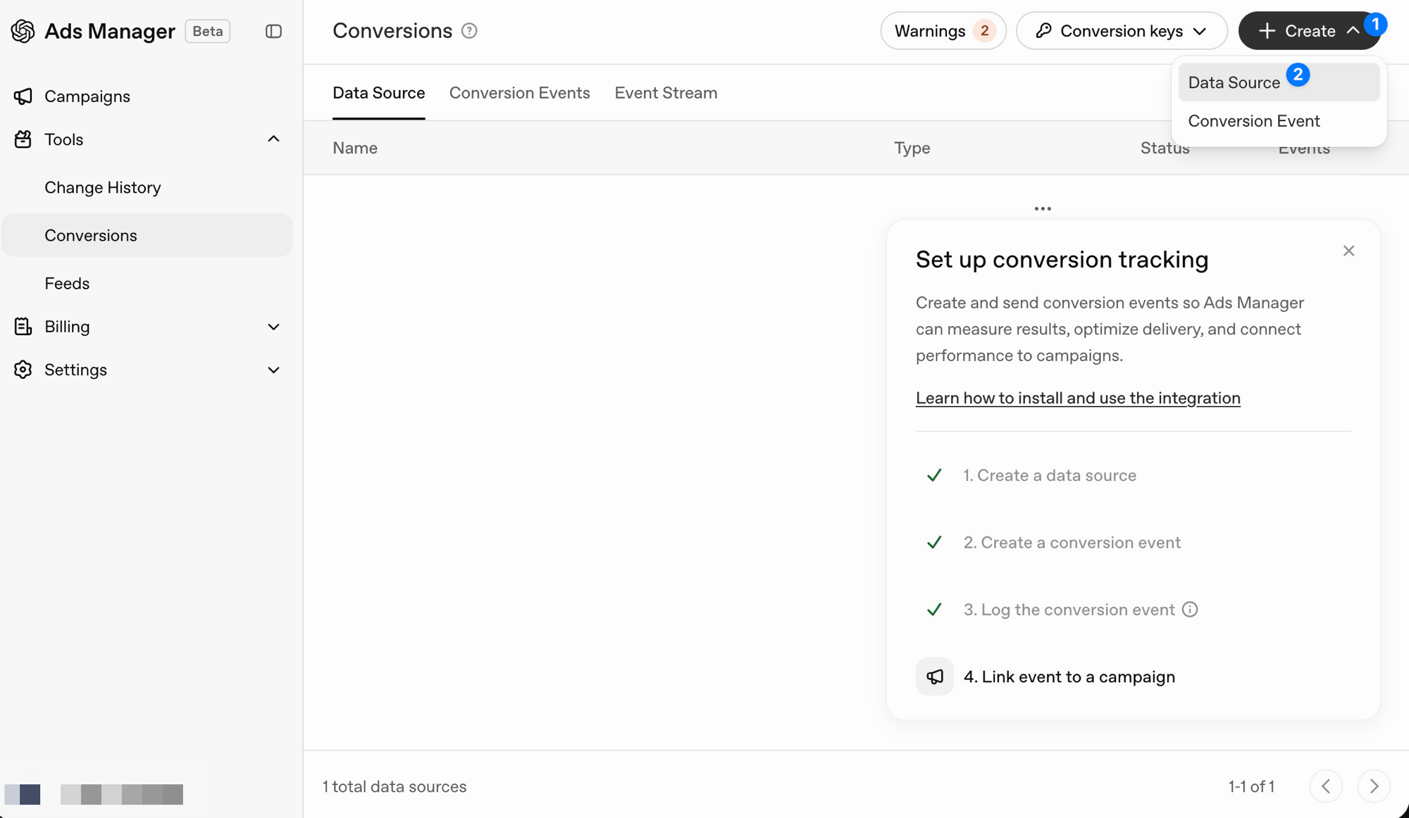 OpenAI Ads Conversions dashboard — Create menu