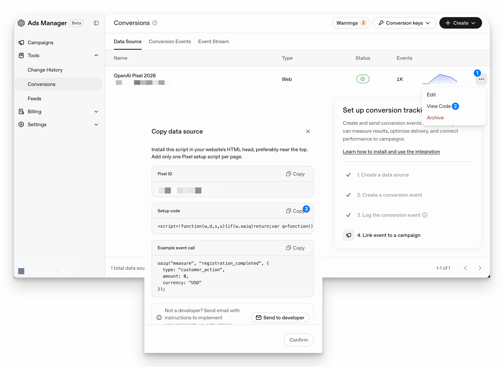 OpenAI Ads — Copy data source pixel setup code