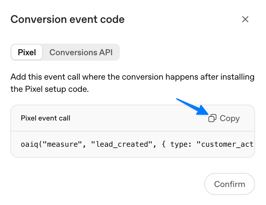 Conversion event code dialog — copy the Pixel event call