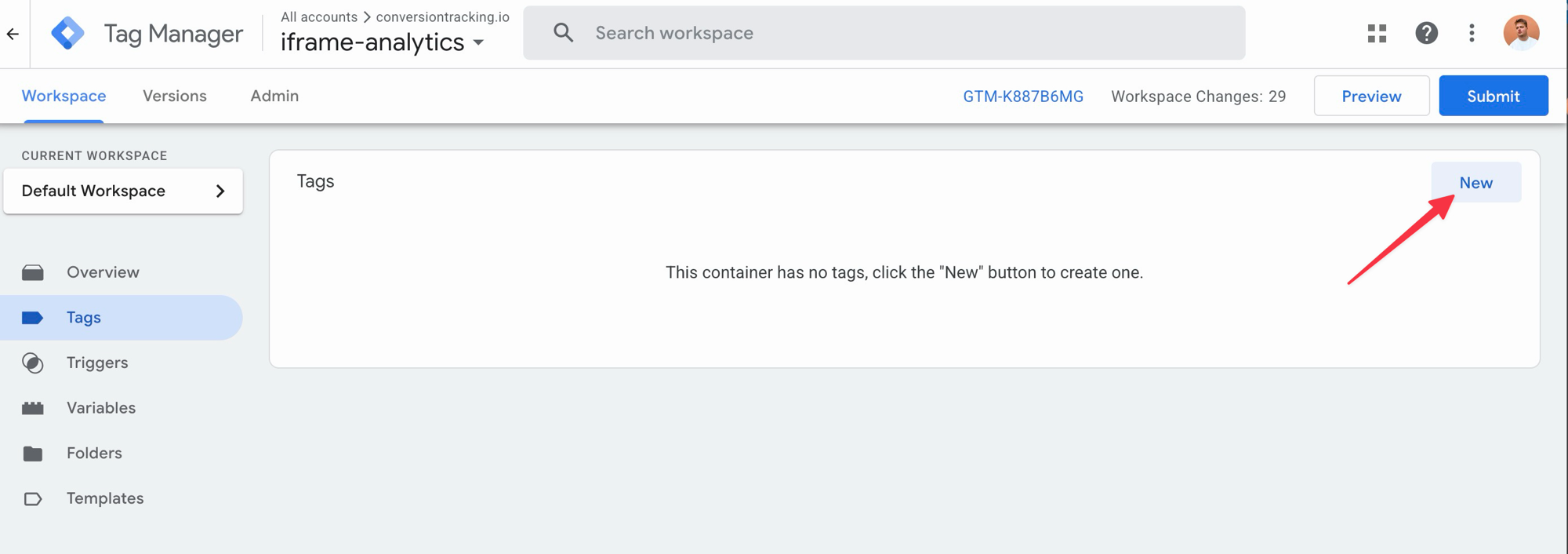 GTM Tags page — click New