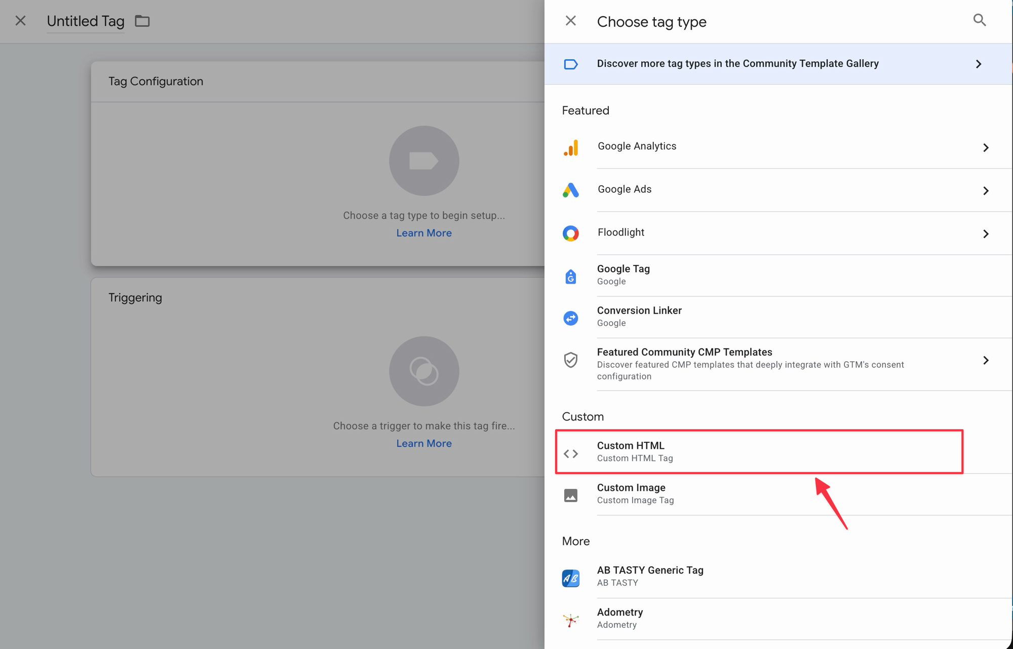 Choose tag type — select Custom HTML