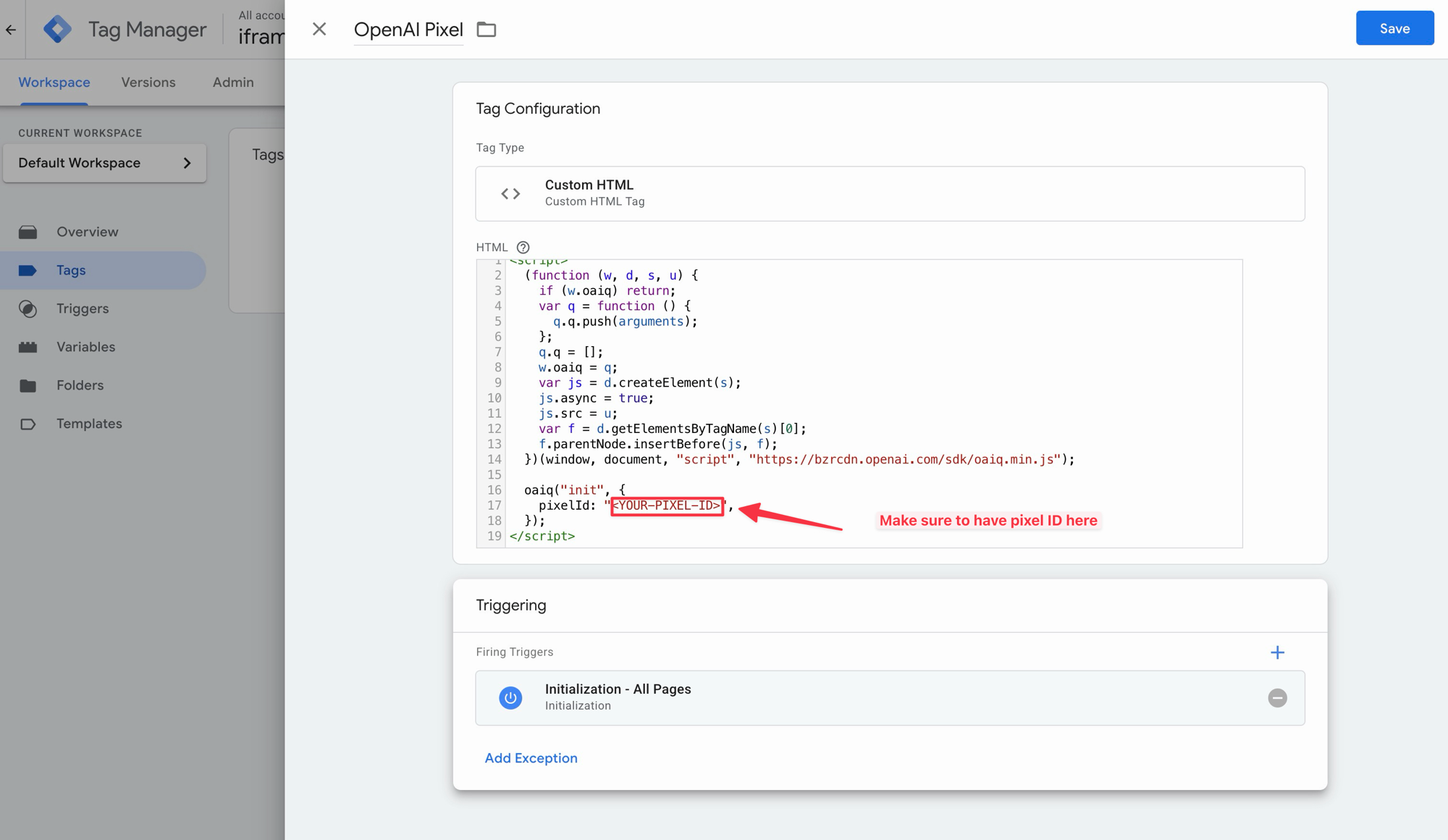 GTM — OpenAI Pixel tag with Custom HTML and Initialization - All Pages trigger