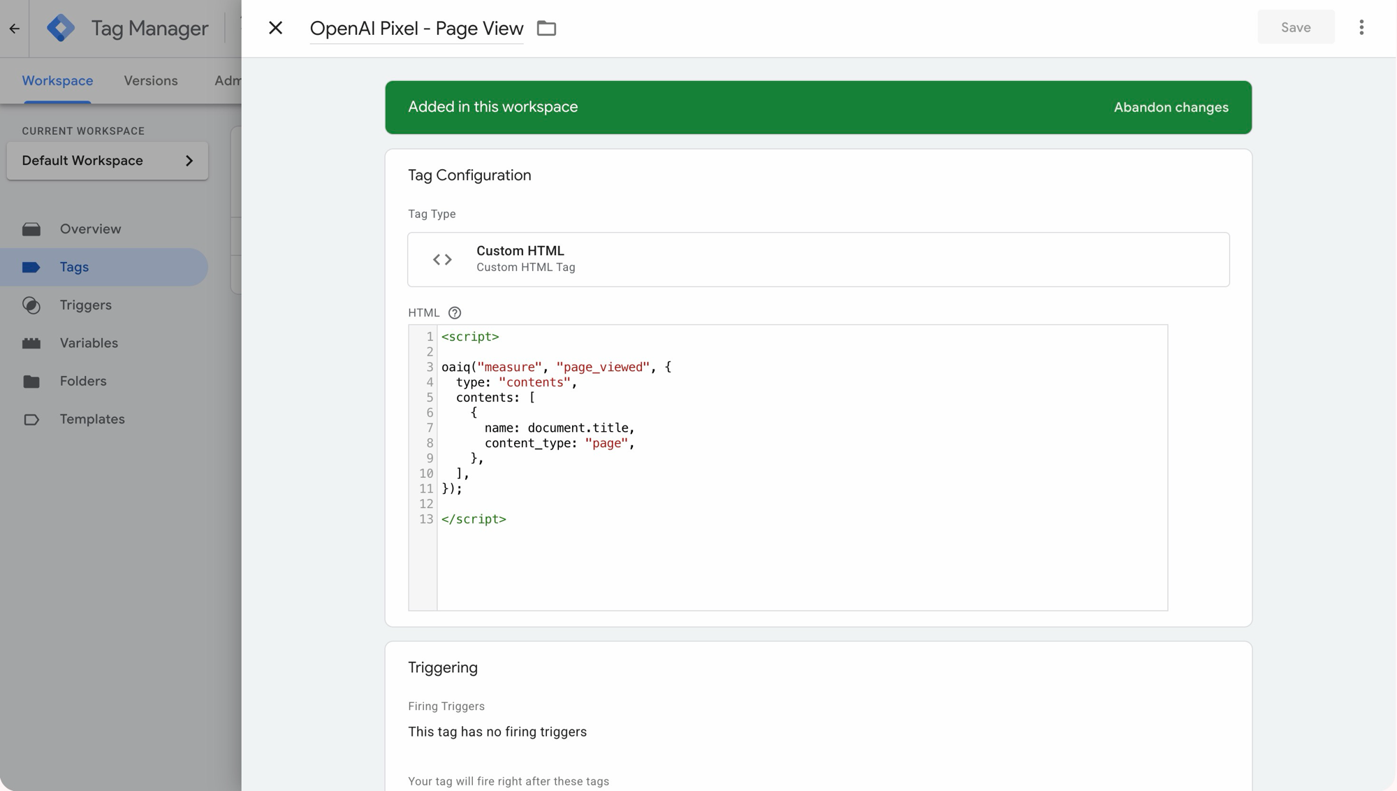 GTM — OpenAI Pixel Page View tag with Custom HTML and tag sequencing
