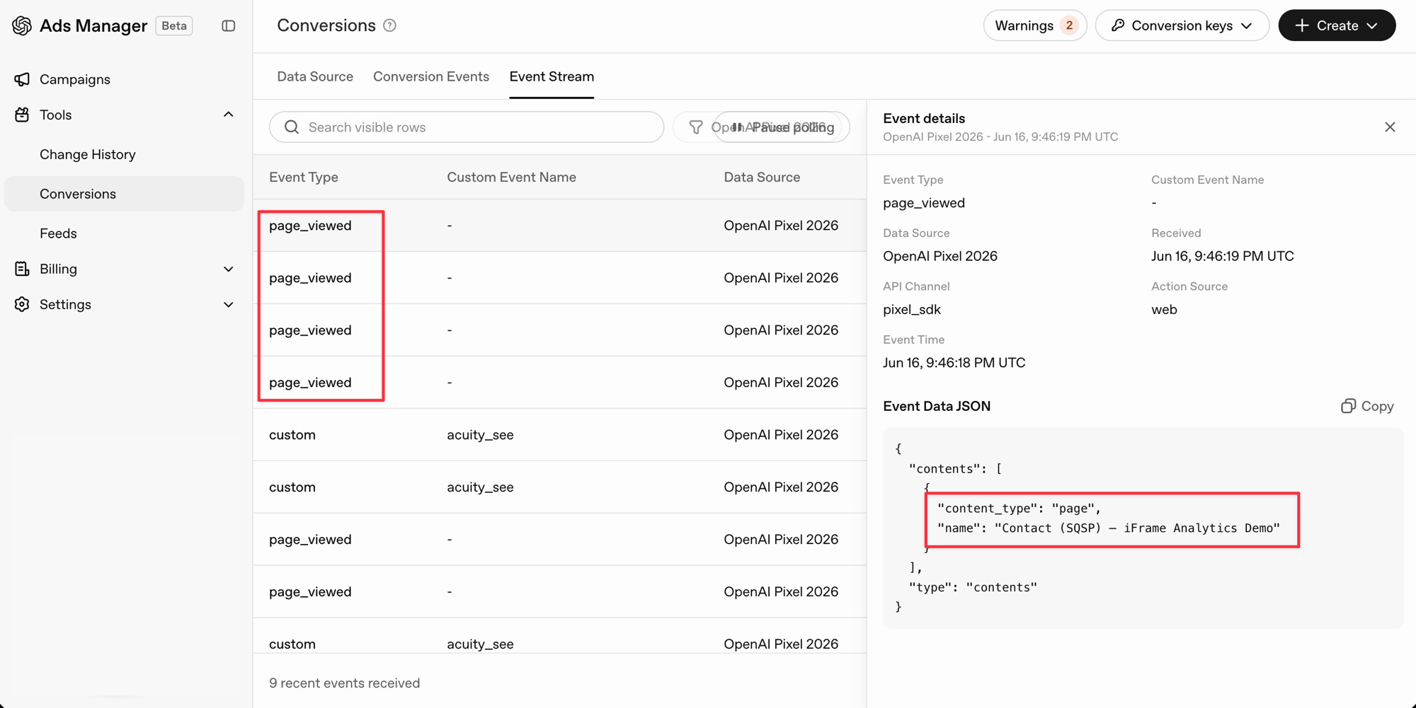 OpenAI Event Stream showing page_viewed events with page title in Event Data JSON