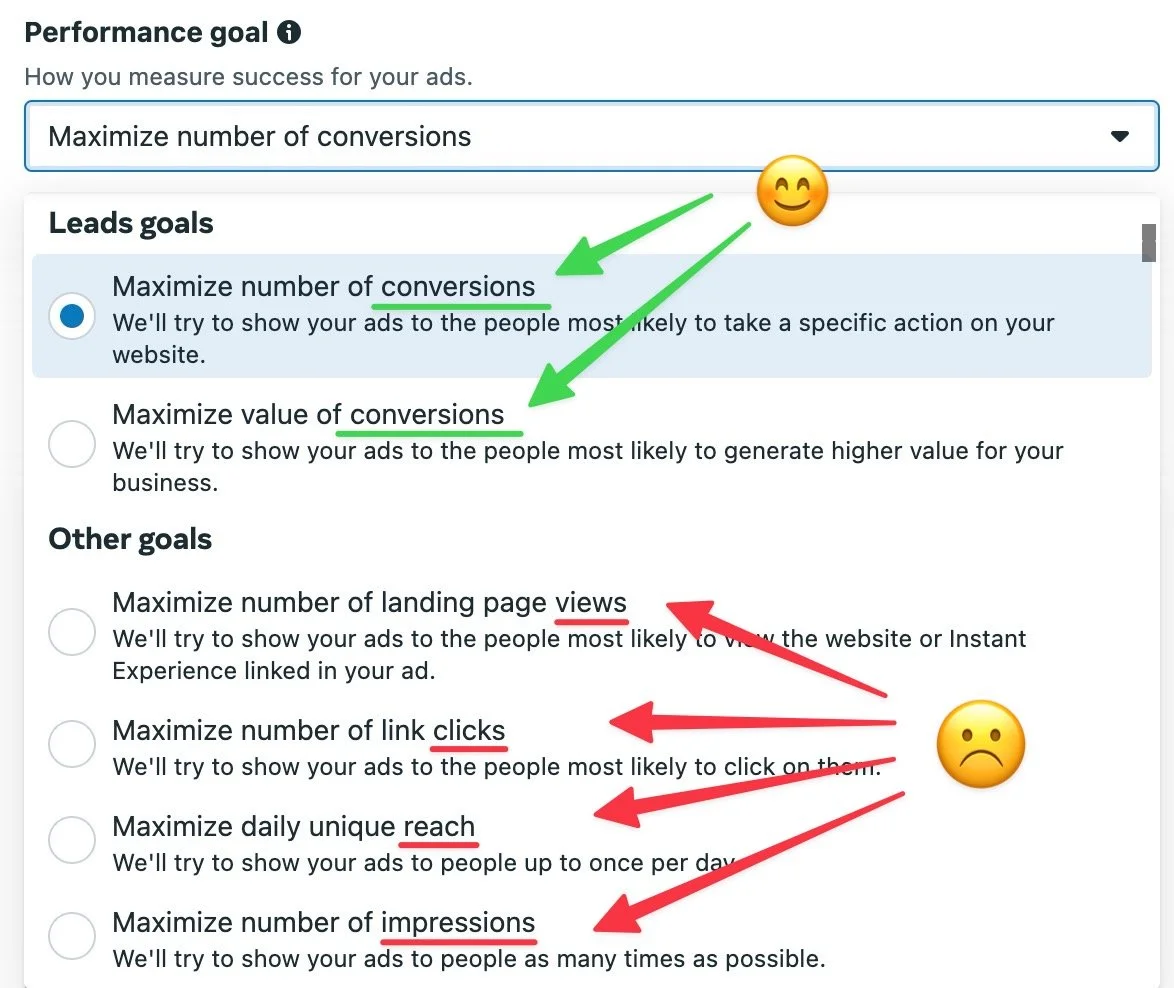 Tally forms conversion tracking, conversion goals in Facebook Business Manager.