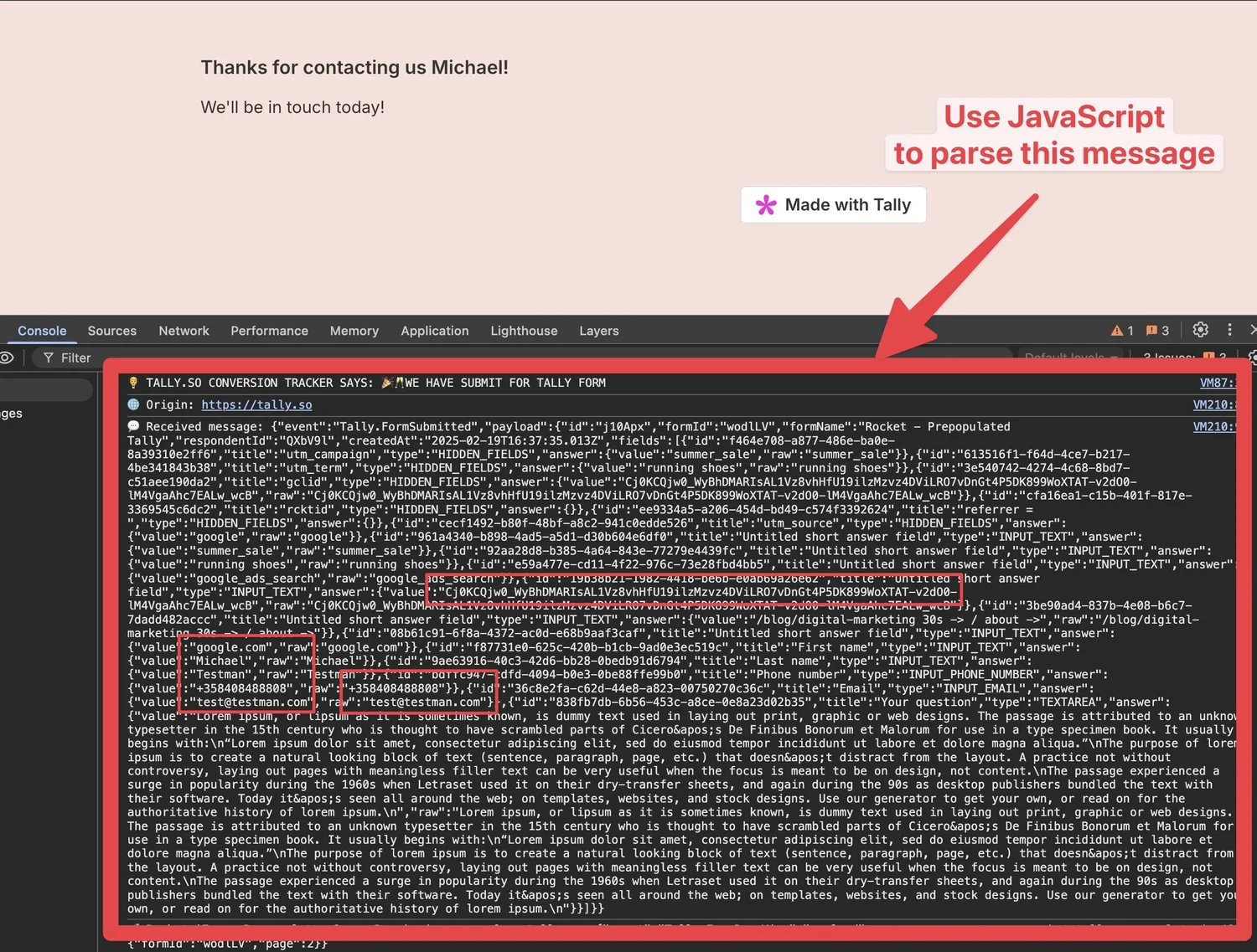 Tally form's conversion tracking screenshot of Google Chrome console showing the iframe, JavaScript messages, JSON with Tally form field value