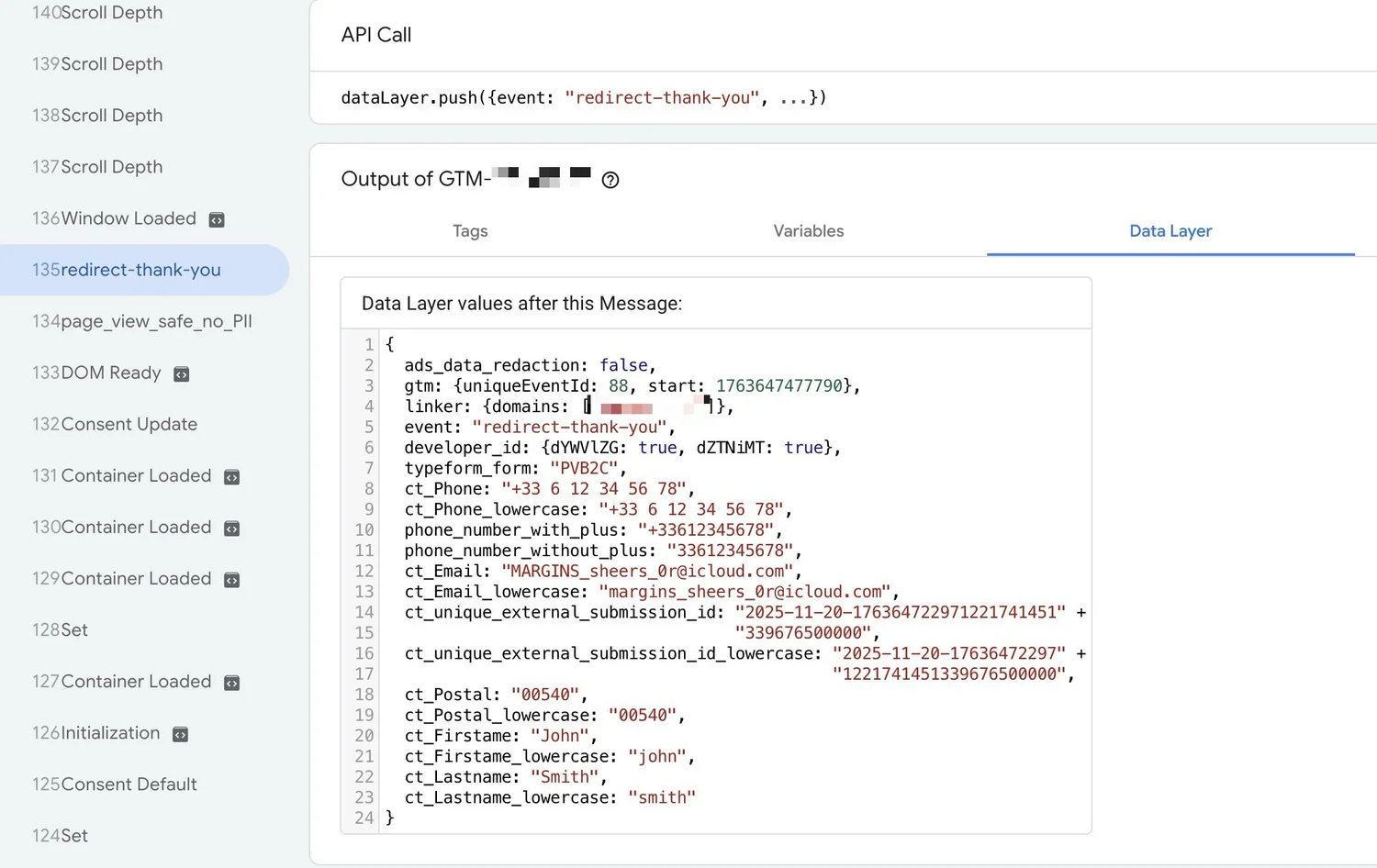 Typeform conversion tracking, client-side example with Google Tag Manager and data layer values using a redirect method