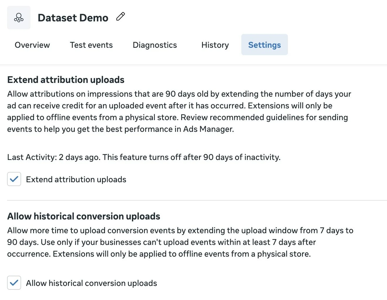 Meta, Facebook, Offline conversions, Settings, Extend attribution uploads and Allow historical conversion uploads up to 90 days.