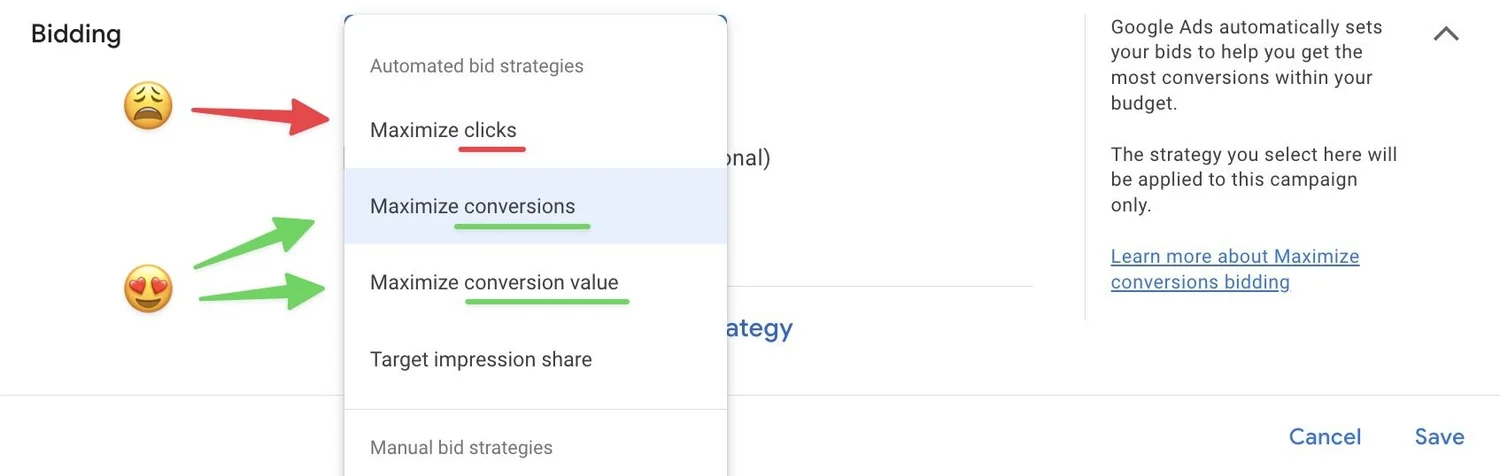 Google adds screenshot of automated bidding strategies for conversion tracking