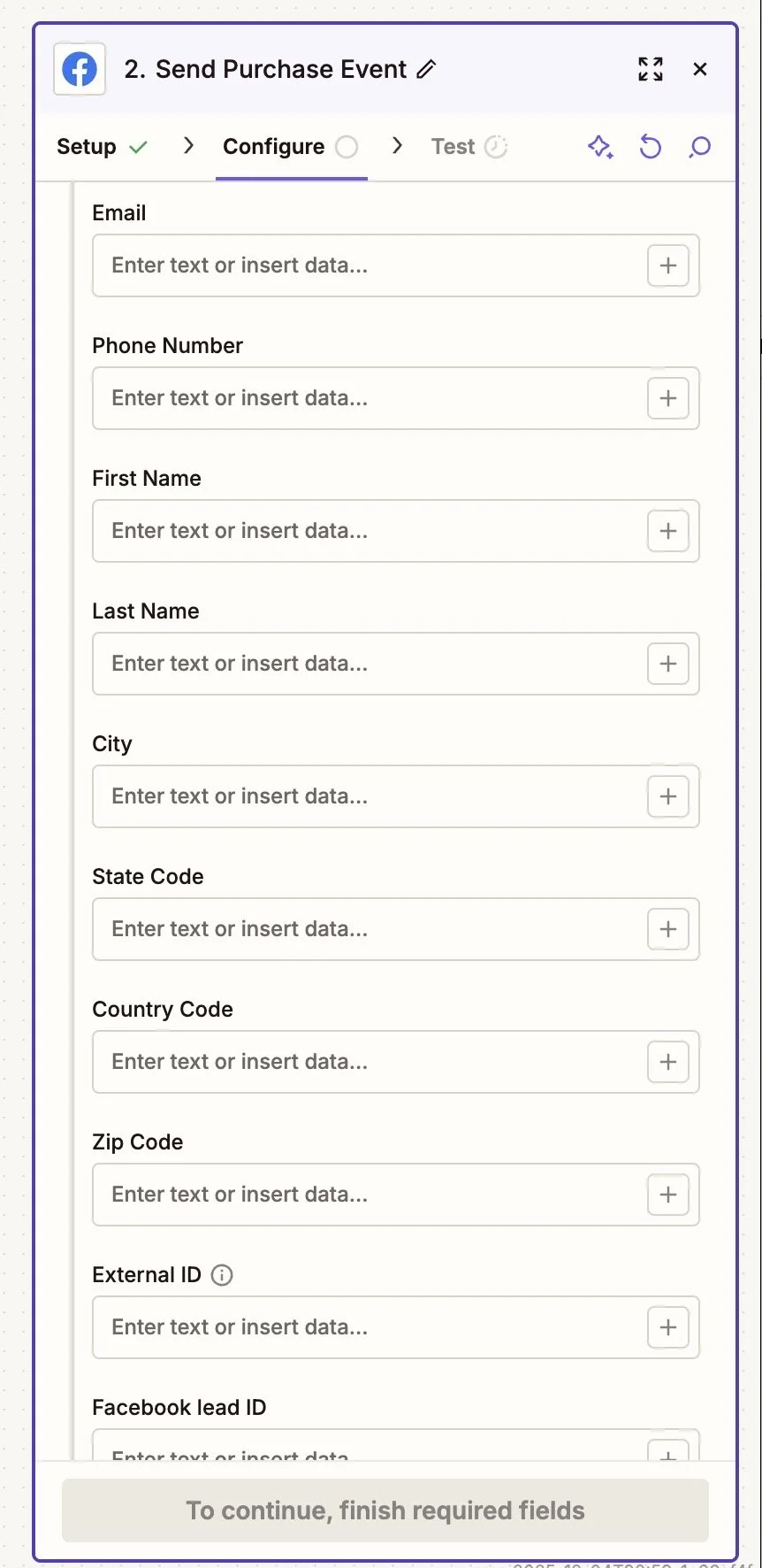 Zapier Meta Conversions API module is missing click ID’s, facebook pixel cookies, and test events.