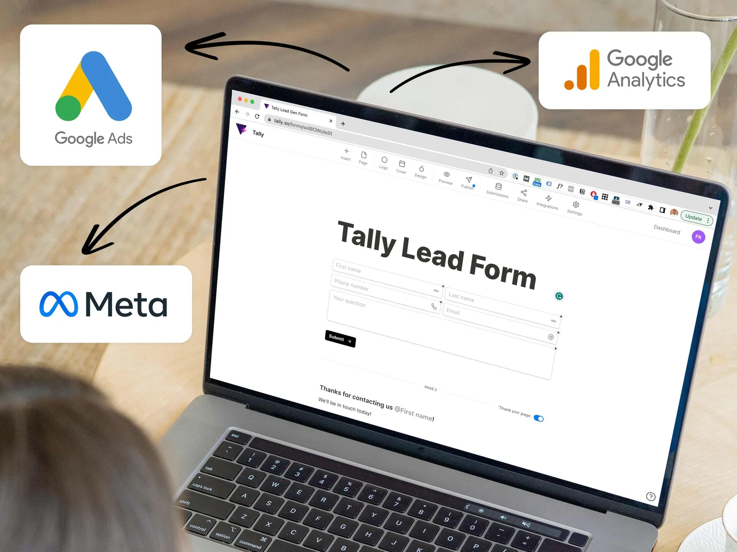 Photo of Macbook Pro with a browser with a Tally form and conversion tracking for Google Ads, Google Analytics and Meta Pixel