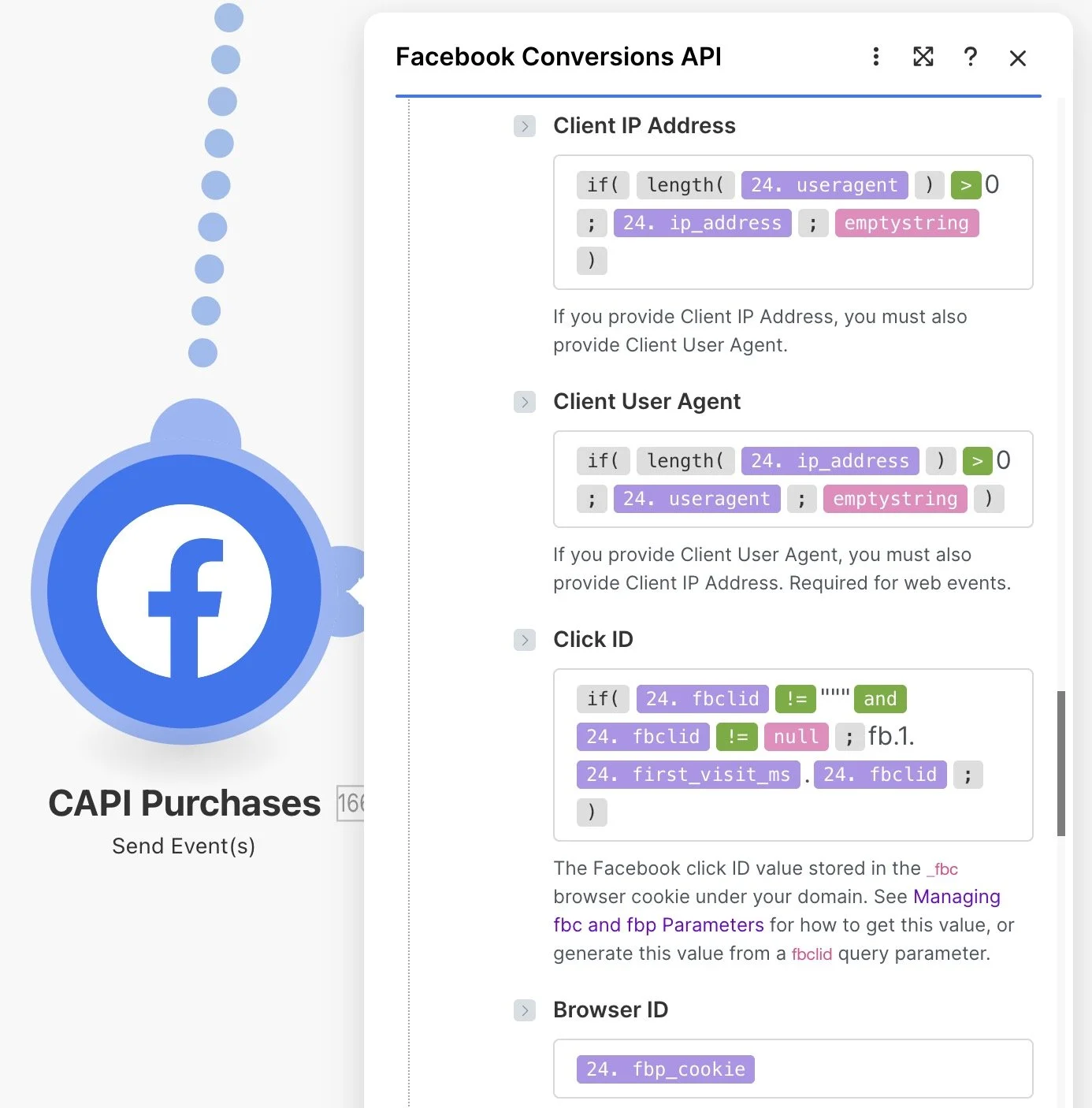 Make.com, Facebook conversions API module, everything we need including client IP address, user agent and Facebook click ID.