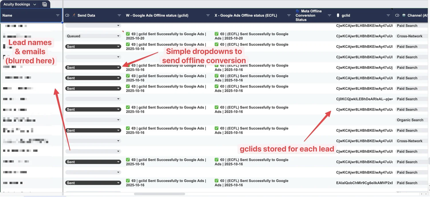 Simple Google Ads offline conversion tracking system using a Google Sheet that stores the Google Click IDs and has a drop-down to send offline conversions via the API.