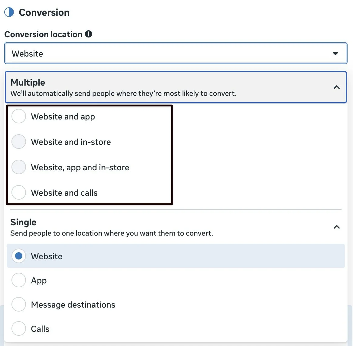 Meta, Facebook, Offline conversions, Purchase event, Conversion location allows multiple locations like website and in-store or website and calls