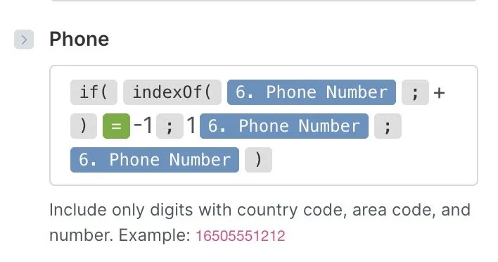 Facebook offline conversion tracking. Make.com screenshot. Formatting the phone number to the international format without the plus sign.