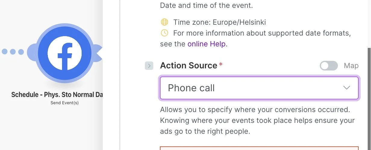Facebook meta, offline conversion tracking using make.com screenshot, source is phone call.